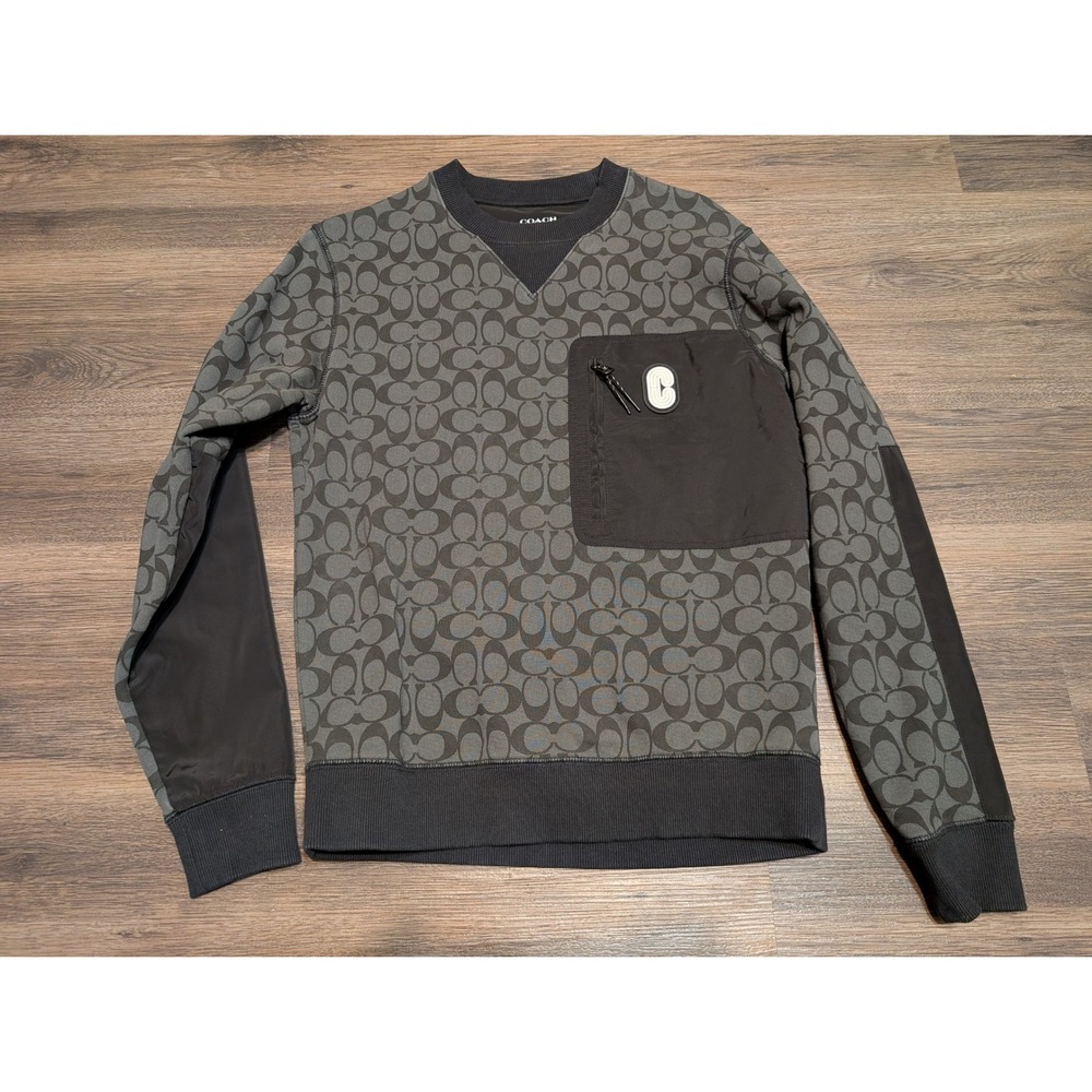 Coach‎ Signature Monogram Crewneck Sweatshirt Black Grey Pocket Zip Size XS
